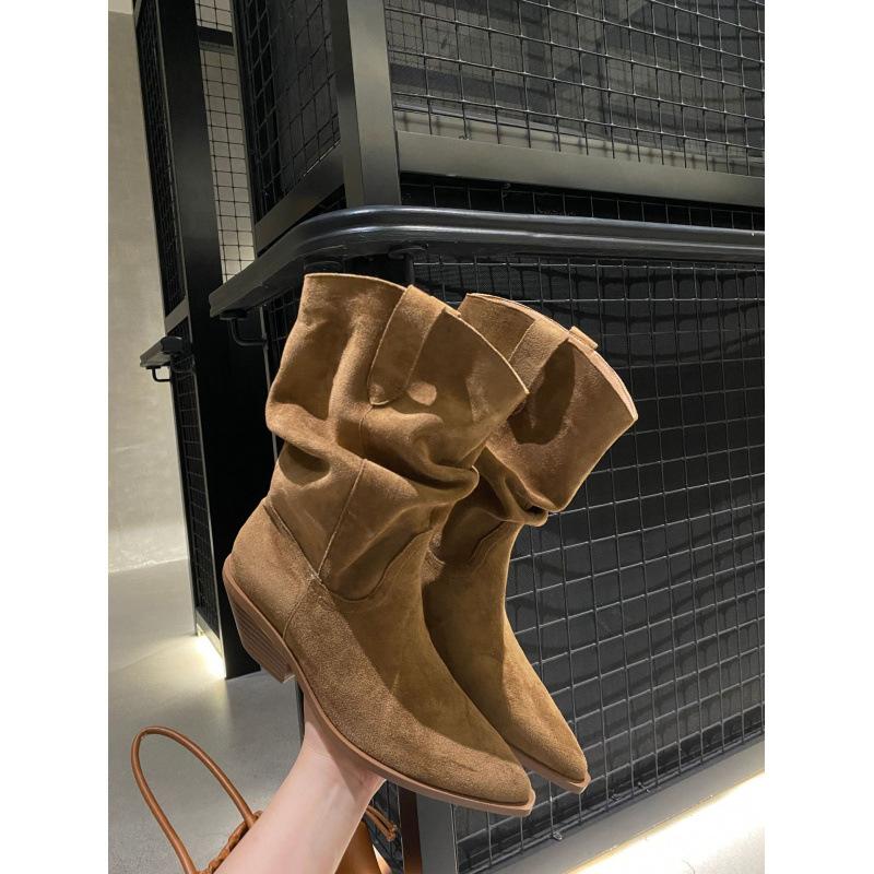 Autumn and Winter New Fashionable Versatile Retro Short Boots Thick Heel Sleeve Short Boots Pleated Martin Boots