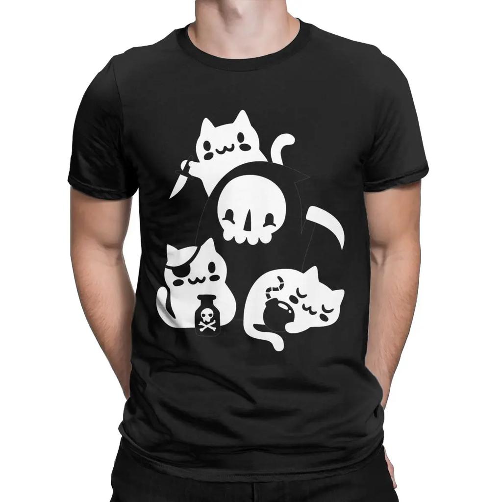 Death's Little Helpers Cat T Shirts Men Pure Cotton Casual T-Shirt Round Collar Halloween Cute Tees Short Sleeve Clothes