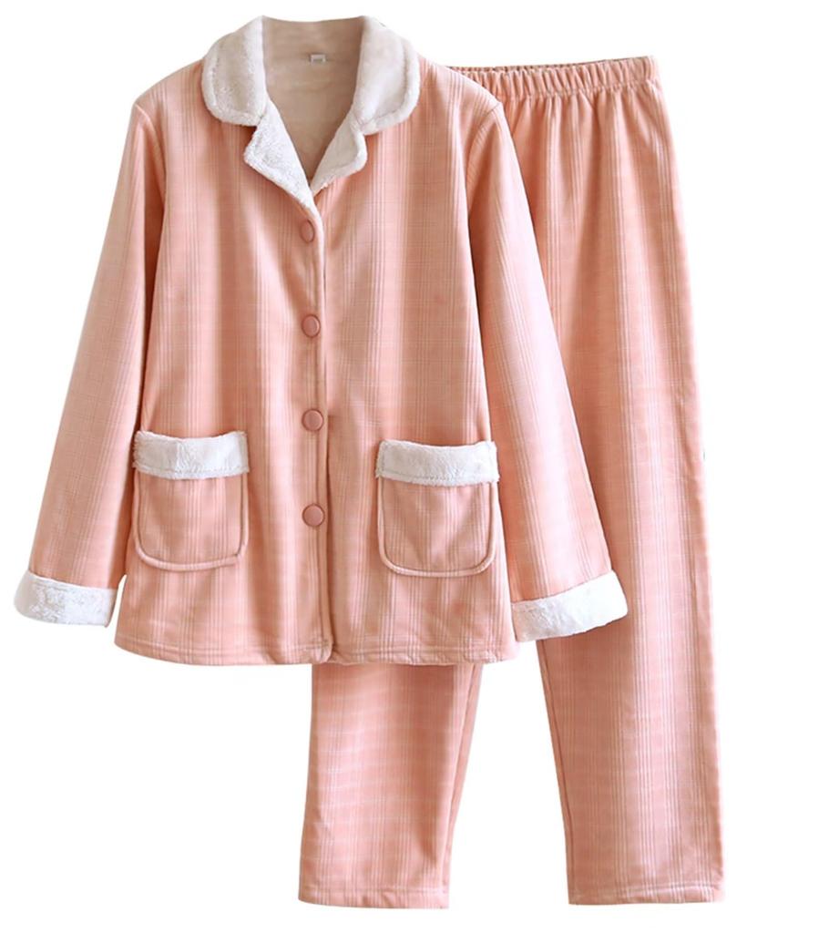 Double Layer Long Front Top and Bottom Solid Room Convenient Room Present S-Lifeeling Women's Pajamas, Gauze, Sleeves, Opening, Set, Cotton, Color,