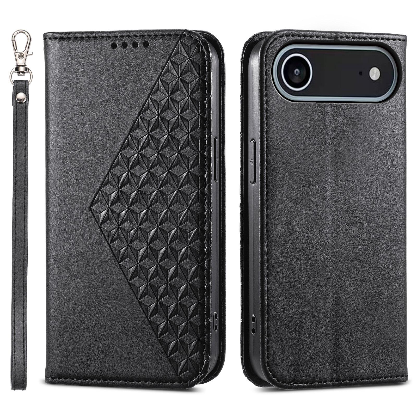 

Для iPhone 17 Air Чехол Текстура теленка PU кожа Кошелек Чехол для телефона с ремешком на запястье Black