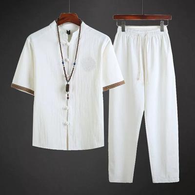 Men's Summer Lightweight Linen Suit Costume Two-Piece Set, Vintage Cotton Linen Tea Zen Wear