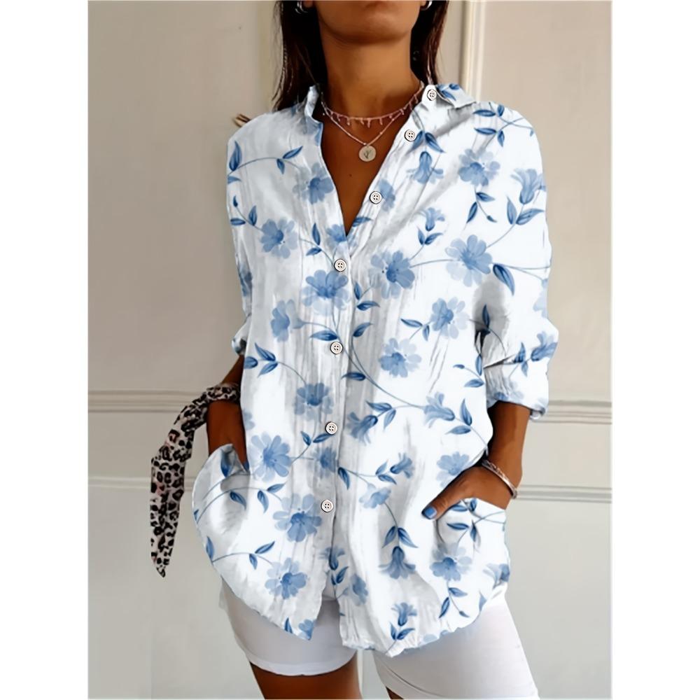 Sommer Minimalistisches Hemd mit Digitalem Blumenprint Knopfleistenhemd Oberteil für Damen Hawaiianischer Strandurlaub Lässiges Hemd