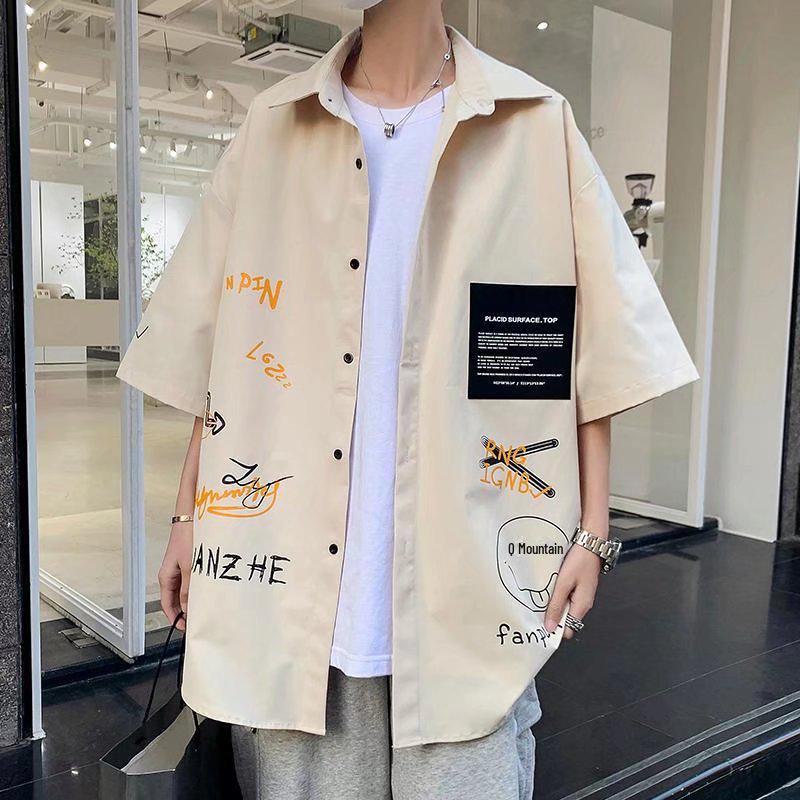 

Мужская ретро-рубашка с коротким рукавом в японском стиле: Свободный, модный, однотонный, идеально подходит для пар и в качестве рабочей одежды L хаки