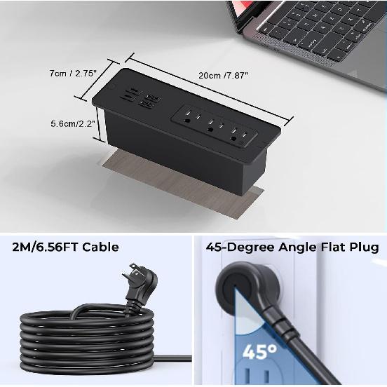 Recessed Power Strip with PD 65W USB C, Flush Mount Power Strip with 3 Outlets 4 USB Ports, Furniture Outlet with 2M Flat Plug Cable for Side Table