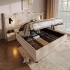 Lit Double 180 X 200 Avec Liseuse Et Chargeur USB Type-C, Cadre De Lit En Bois Massif, Beige, Lin (sans Matelas).
