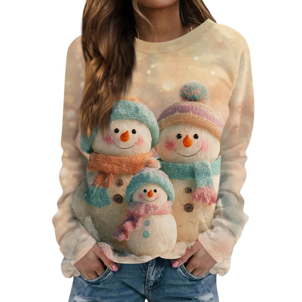 Women's Fashionable Casual Long-sleeved Retro Christmas Snowman Print Round Neck Top
