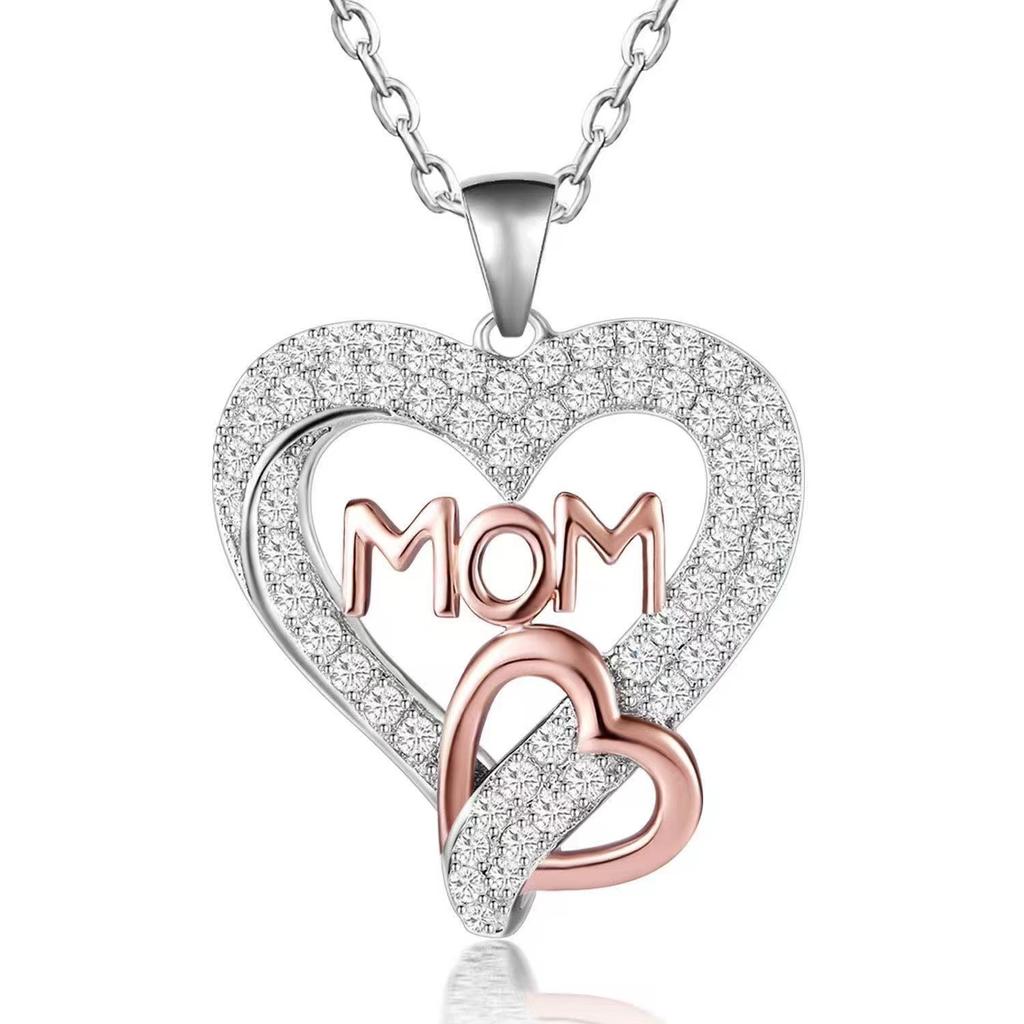 Mother's Day Gift Two Tone Full Rhinestone Heart MOM Pendant Necklace For Women Fashion Jewelry