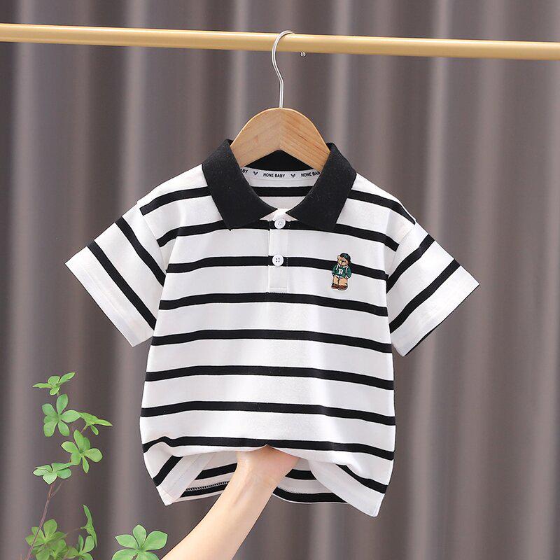 2024 Kids' Striped Short Sleeve T-shirt - Fashionable Lapel Summer Top for Boys
