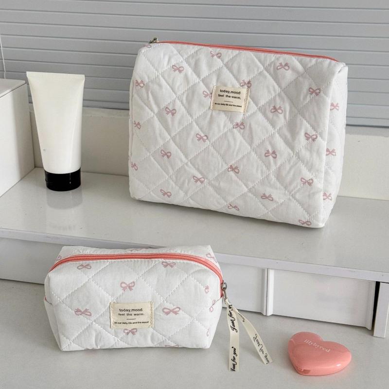 Large Capacity Quilted Cotton Ladies Pillow Handbags Sweet Bowknot Women's Cosmetic Bags High-Quality Female Wash Storage Bag