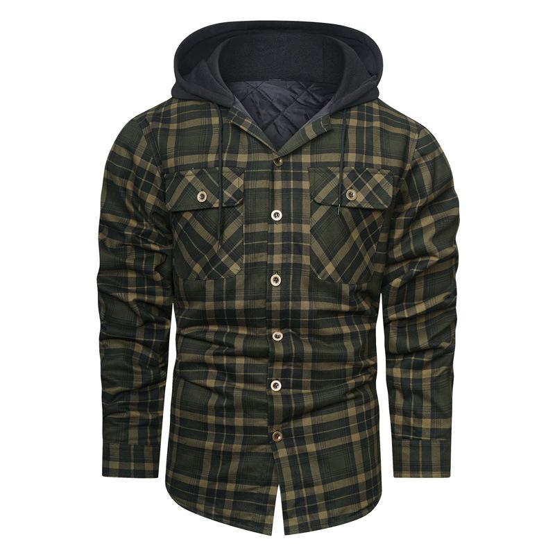 New Men's Jacket Autumn and Winter Thickened Plaid Shirt Long Sleeve Loose Hooded Shirt Men