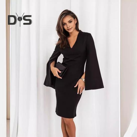 Vestido de mujer otoño verano largo con abertura y mangas abullonadas, escote en V, corte ajustado, color liso, formal, para negocios, fiestas, OL, vestido midi para viaje diario