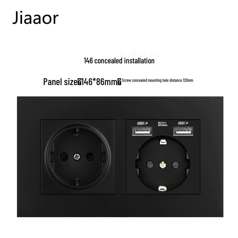 16A Black European Double Gang German-Style Switch & USB/Type-C Socket for Concealed Installation