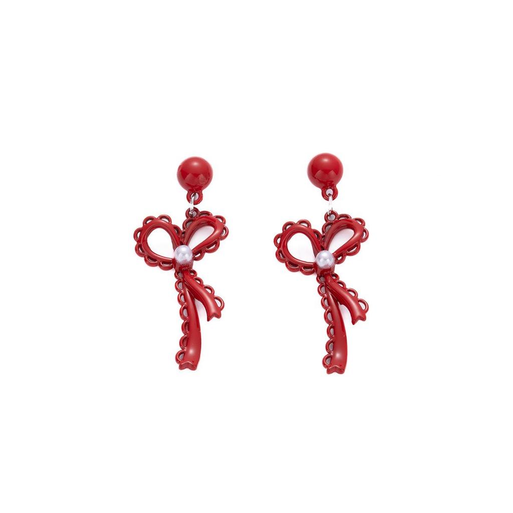 Red Bow Drip Oil Earrings: 925 Sterling Silver Autumn/Winter Studs for Women
