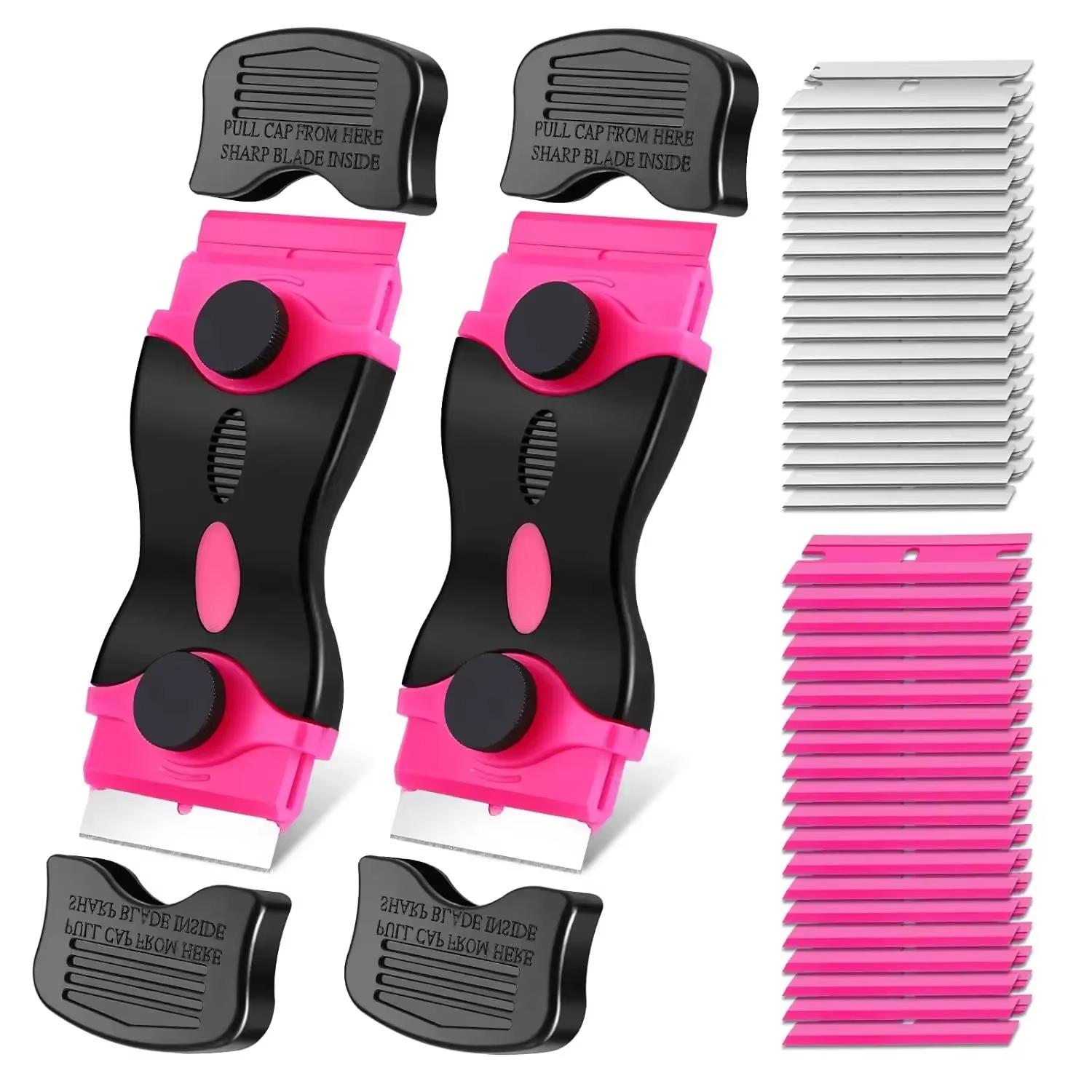 

2Pcs Razor Blade Scraper 10 Metal Blades & 30 Plastic Blades Remove Label Decal Tool Car Glass Windows Tile Cleaning Tool розовый