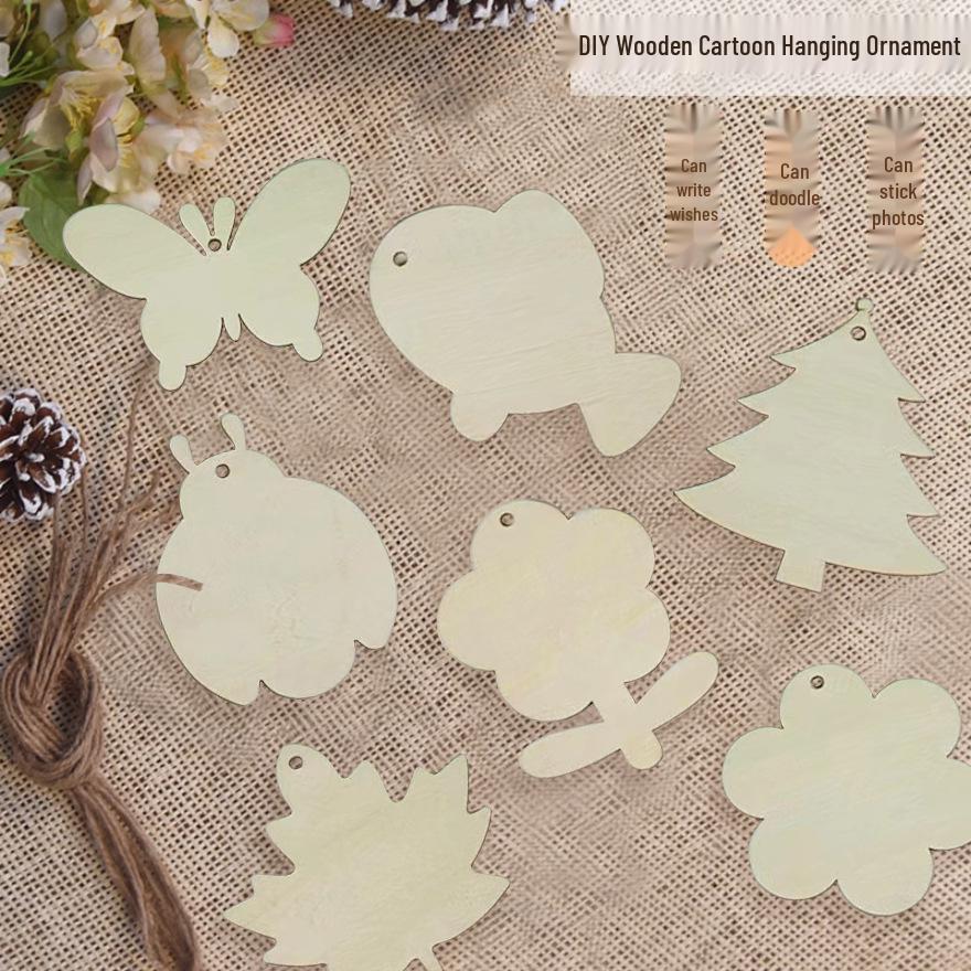 Children's DIY Wishing Tags: Cartoon Ornaments for Painting - Blank Wooden Tags with Hemp Rope for Christmas or Arbor Day.