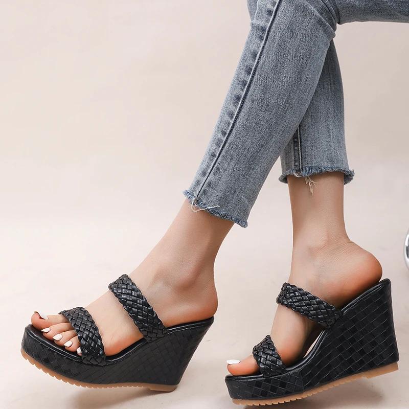 Fashion Women's Retro Thick Bottom High Heel Sandals Woven Patent Leather Wedge Sandal Female Office Ladies Non Slip Black Slides Mujer