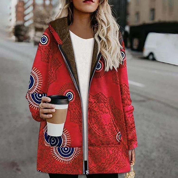 Winter Warm Große Größen Damen Freizeit Kapuzenmantel mit Aufdruck Dicker Retro Überzieher mit Taschen Reißverschluss
