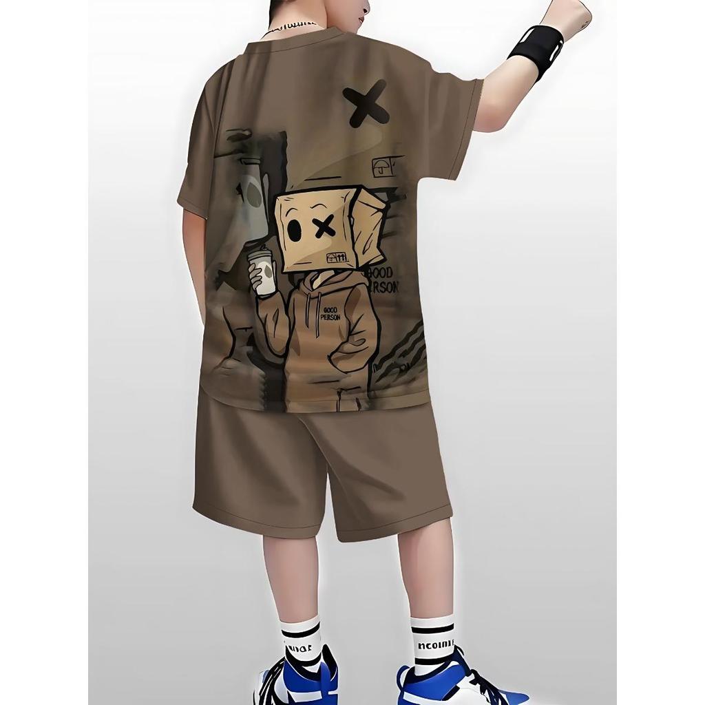 Letni dziecięcy garnitur z krótkim rękawem Modny wzór z nadrukiem 3D Gorący styl Luźny trend Odzież sportowa Dla chłopców i dziewcząt Ubrania