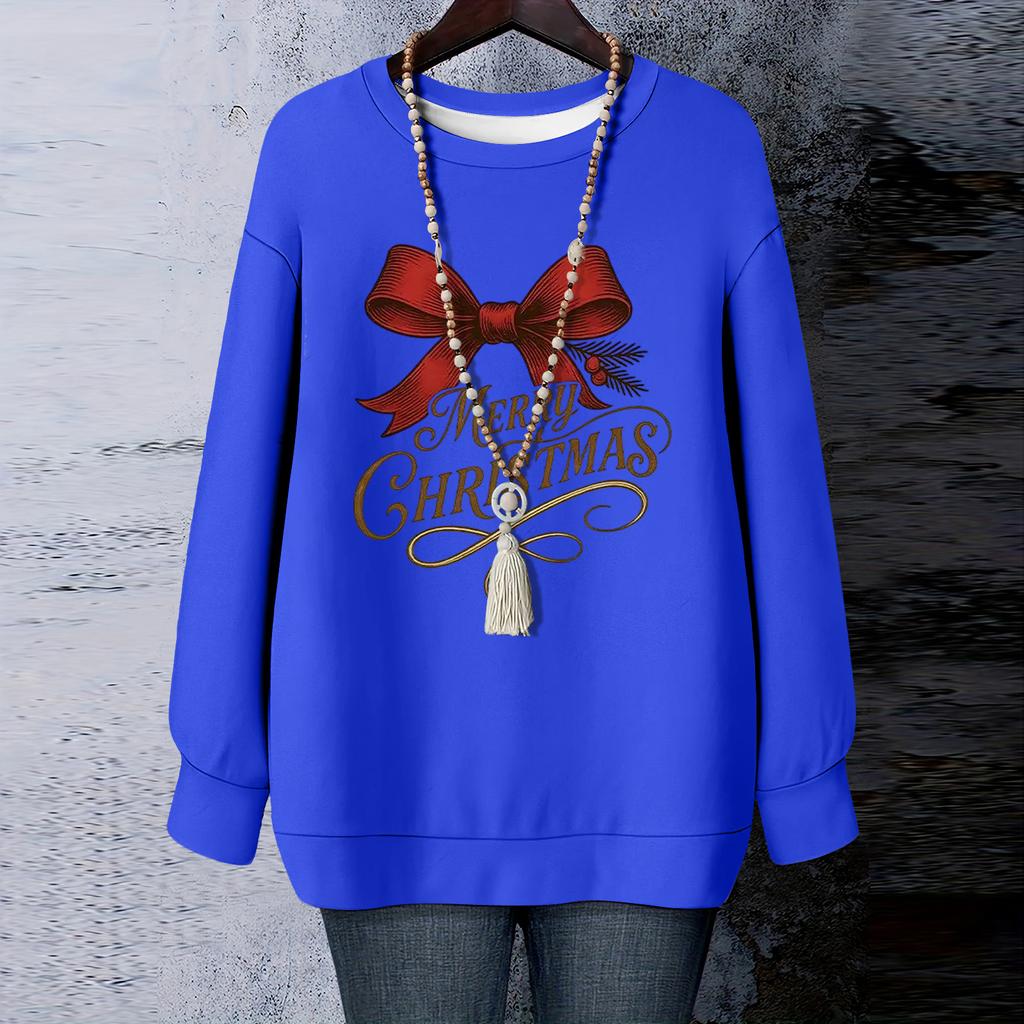 Dámské vánoční potištěné tričko s dlouhým rukávem a kulatým výstřihem