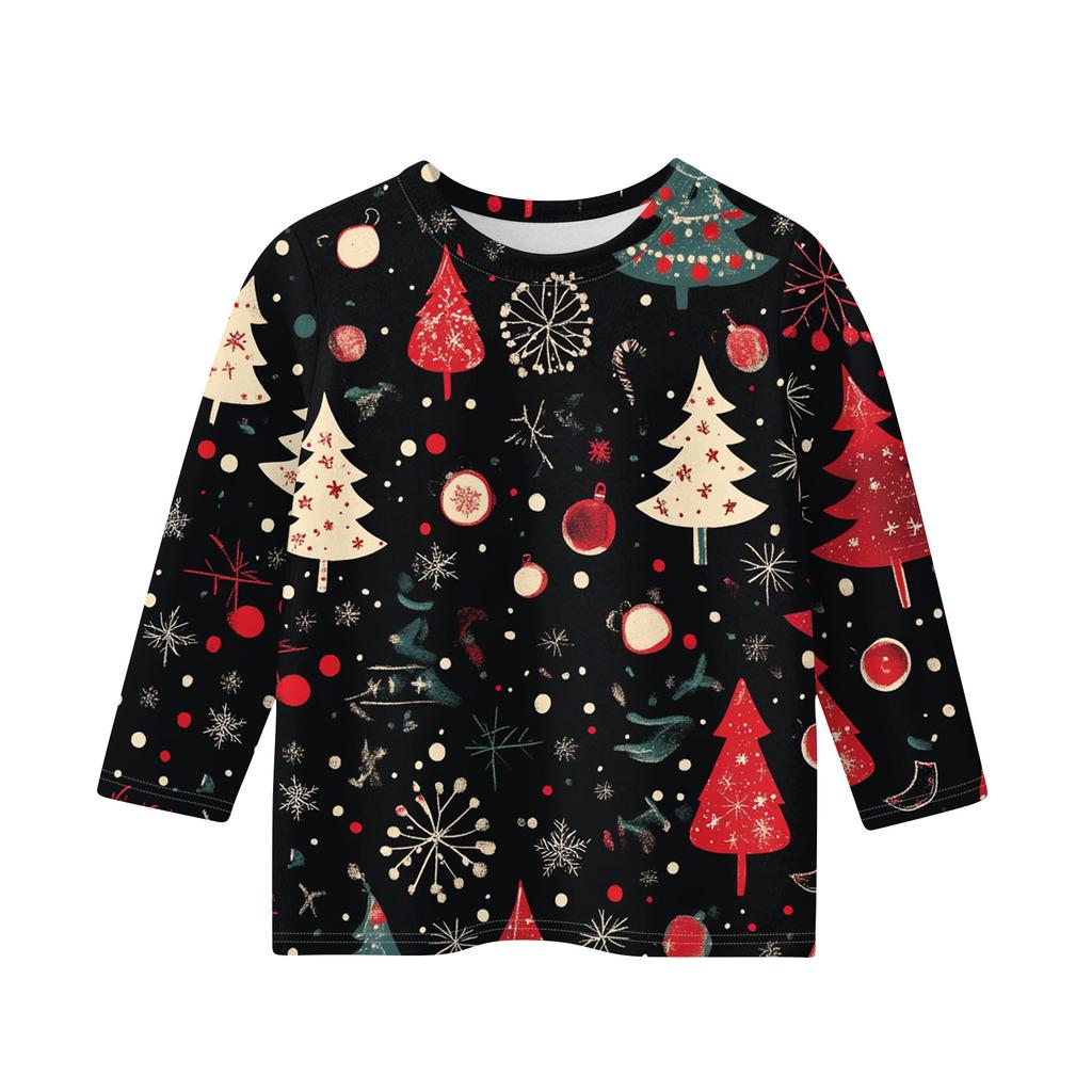 Christmas Day Print Tops For Youth Girls 5-16 Years Round Neck 3/4 Sleeves T-Shirts Trendy Tops Outfit Tees