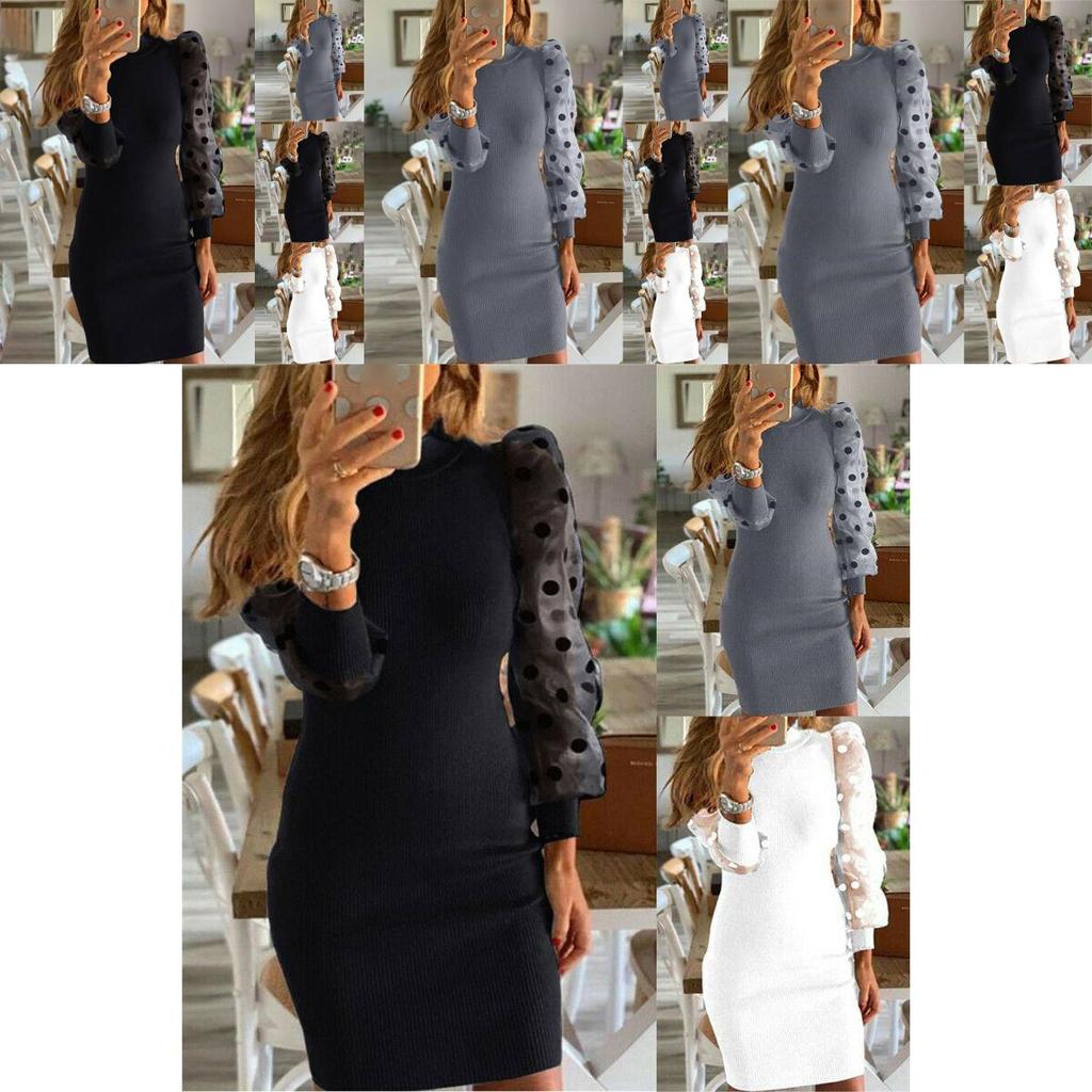 Elegant Women's Polka Dot Jumper With Long Net Yarn Sleeves For Flattering Bodycon Fit