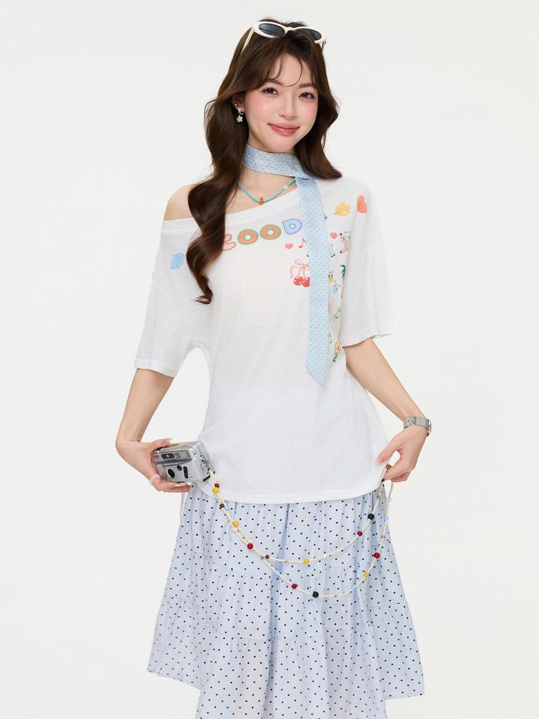 White Printed Diagonal Collar Off-shoulder Short-sleeved T-shirt Design Sense Spring and Summer New Loose Lazy Drawstring Top Women
