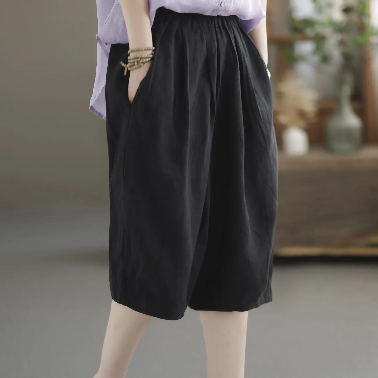 

Женские летние однотонные литературные брюки с высокой талией и широкими штанинами в этническом стиле 4XL