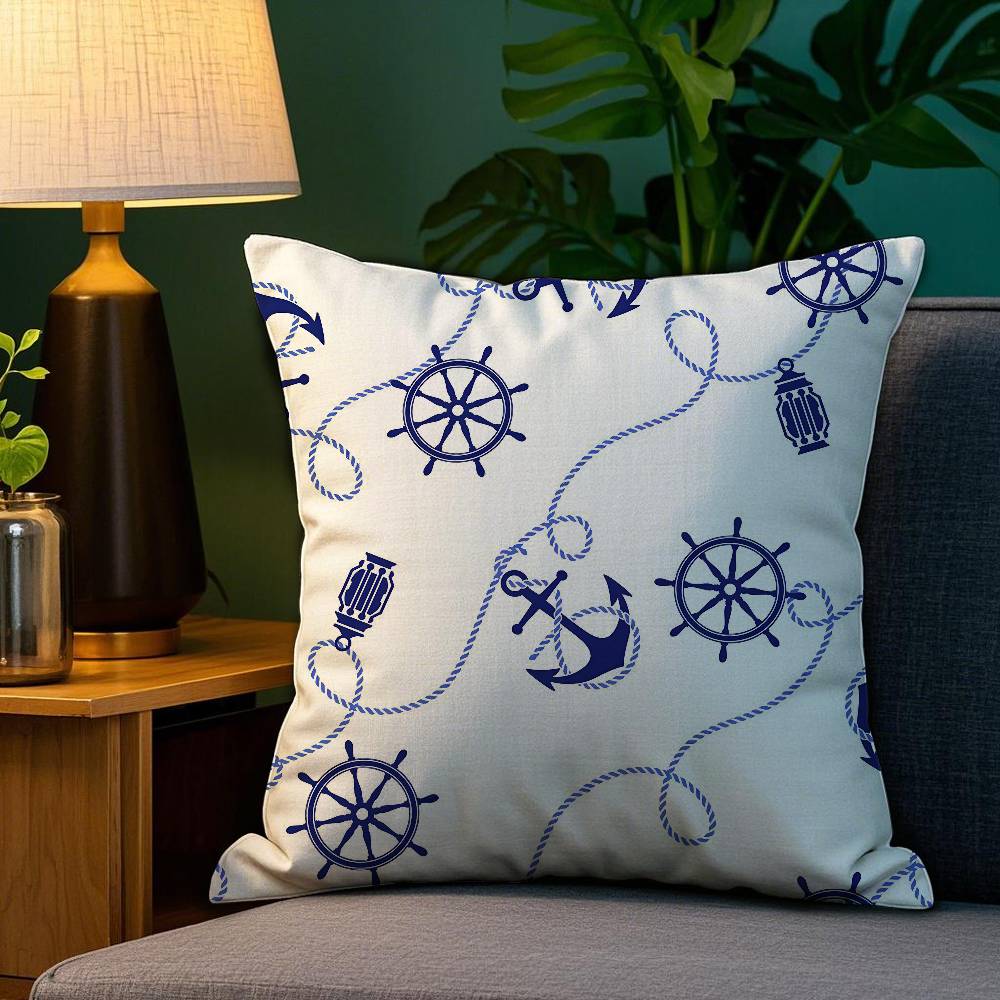 Home Decor Blue Nautical Anchor Pattern Throw Pillow Cover Pattern Cushion Cover Suitable for Sofa Bedroom Car Pillow Cover