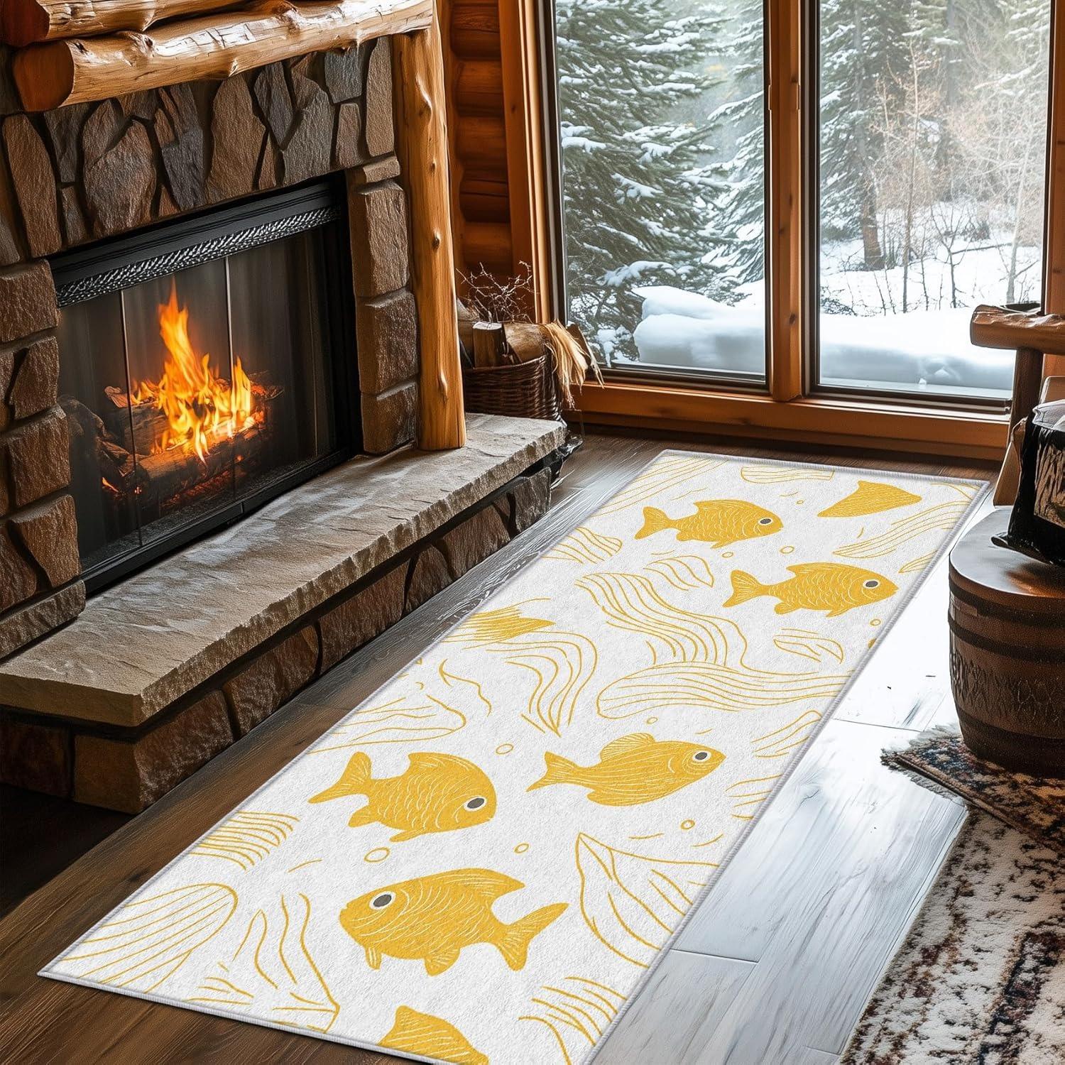

Ethnic Style Fish Pattern Runner Rug Multicolor Cartoon Fish Carpet Wave Pattern Artistic Design Non-Slip Long Mat for Hallway 40X120CM
