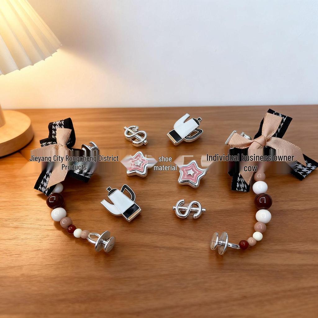 Black Bow Pearl Chain Clog Charm Set - Removable Shoe Buckles & DIY Flower Accessories