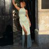 European and American women's clothing early autumn wear solid color simple temperament Spice girls sleeveless dress sexy high split backless dress