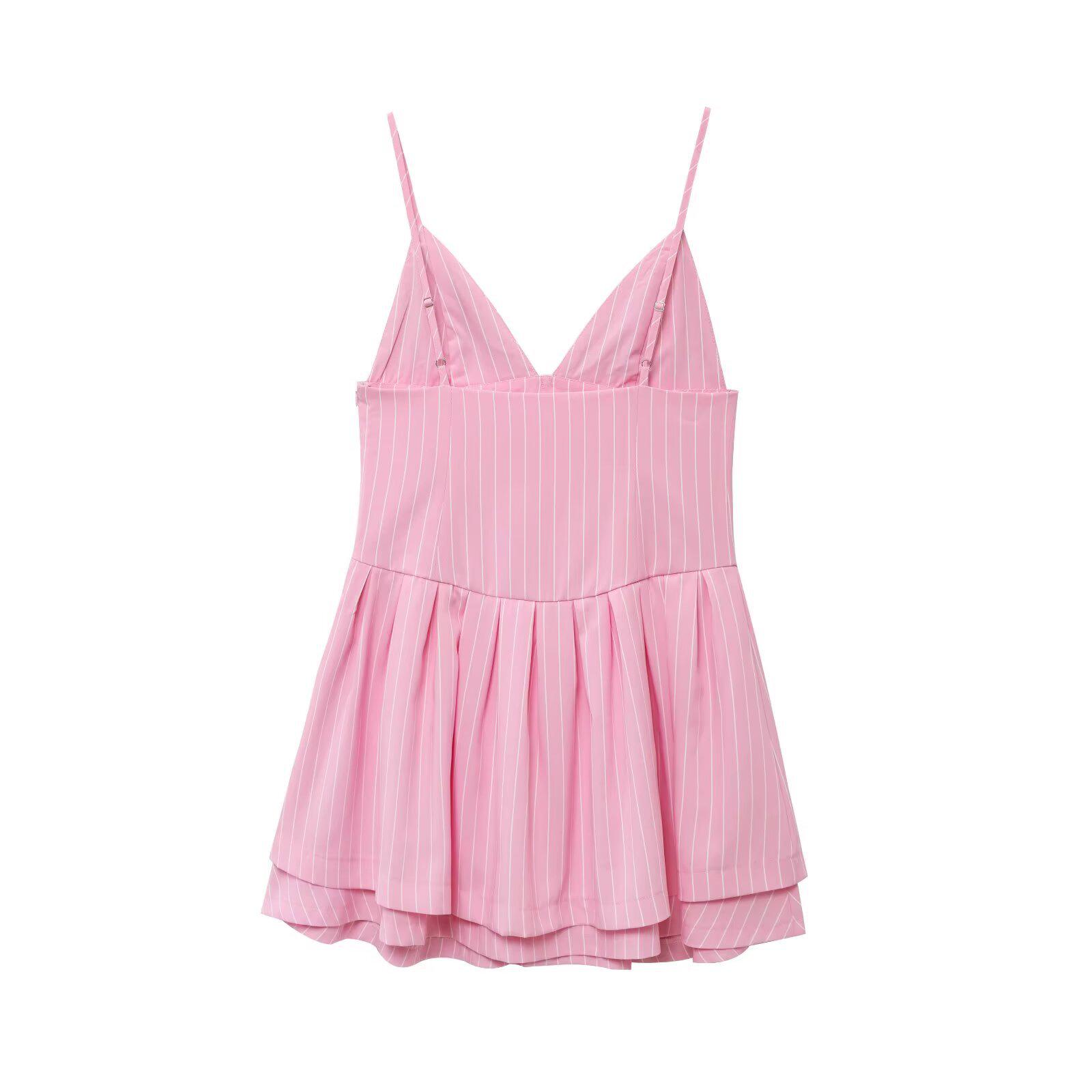 

Платье-сарафан в европейском и американском стиле 2025 года с весенним бантом и полосатым принтом - короткое платье во французском стиле для женщин S розовый