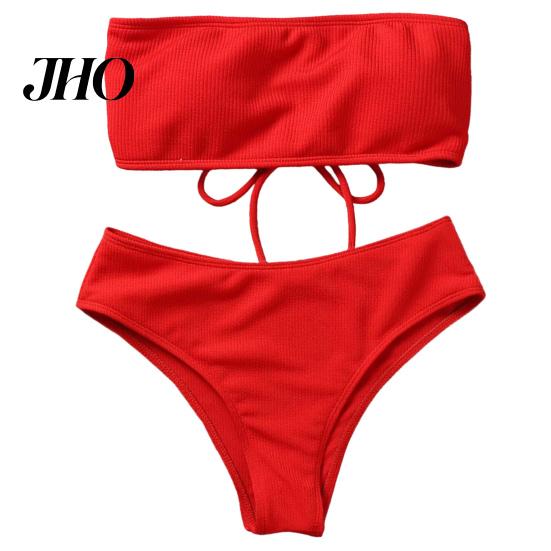 Bikini Set 1 Women Beach Suit with Chest Pad No Underwire Solid Color Elastic Female Bandeau High Waist Bathing Two-piece Swimming Trunks Split