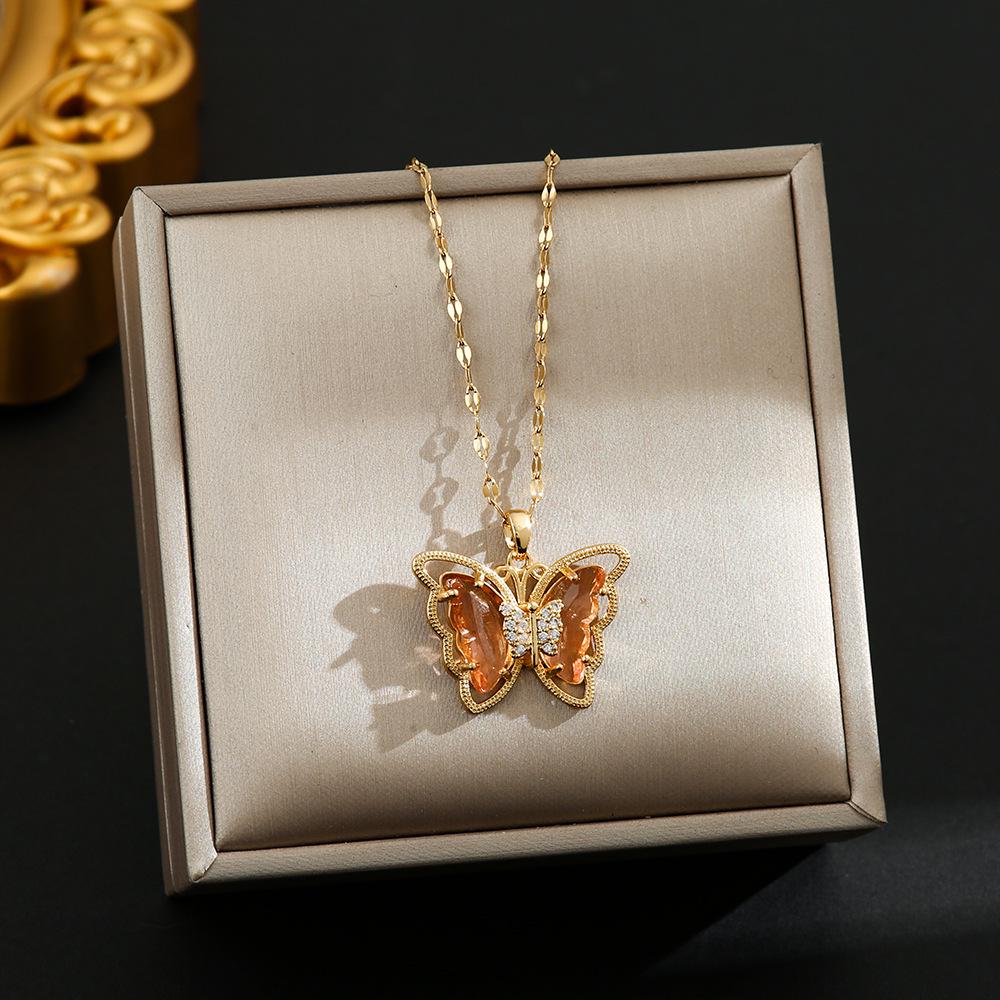 Korean Butterfly Tassel Luxury Diamond Titanium Steel Necklace - Women's Versatile Clavicle Jewelry