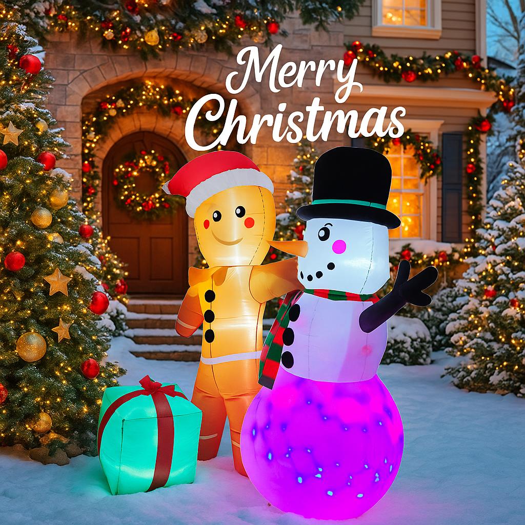 5.9FT LED Inflatable Yard Decor Gingerbread Man Snowman Toy Xmas Home Decorations Ornaments Supplies Gifts Christmas Holiday