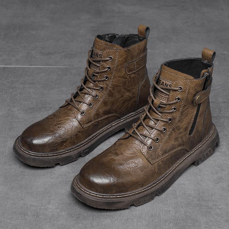 Fashion Fashion Casual Leather Male Motorcycle Boots Outdoor Men's Ankle Boots High Top Winter Casual Shoes Warm Plush Fur Winter Botas