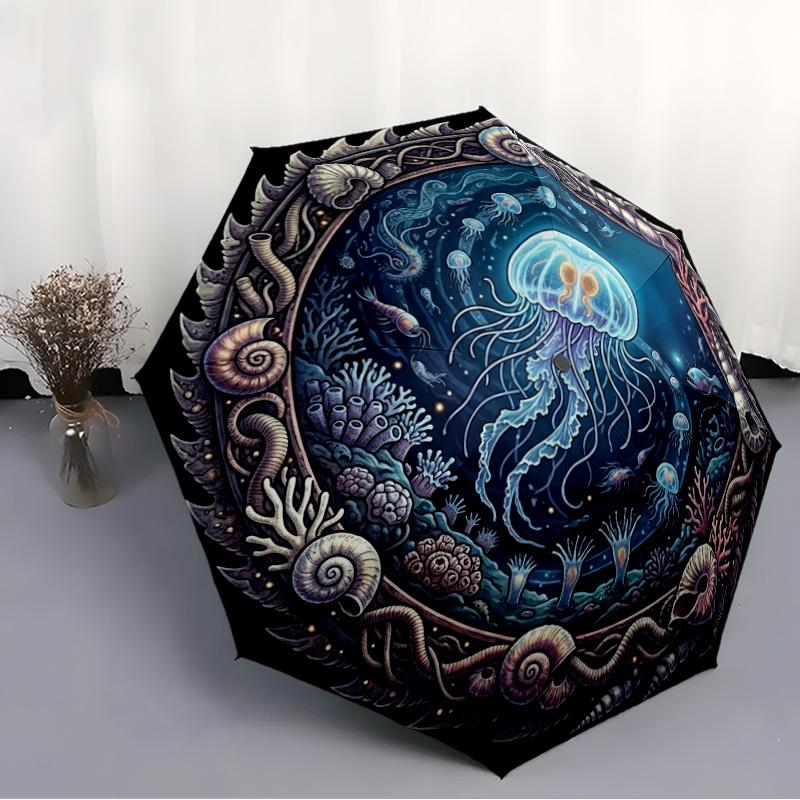 Oceanic Fantasy Circle Pattern Umbrella, Portable and Foldable Design, 8 Ribs, a Casual Accessory for Halloween, Christmas, and Birthday Gifts.