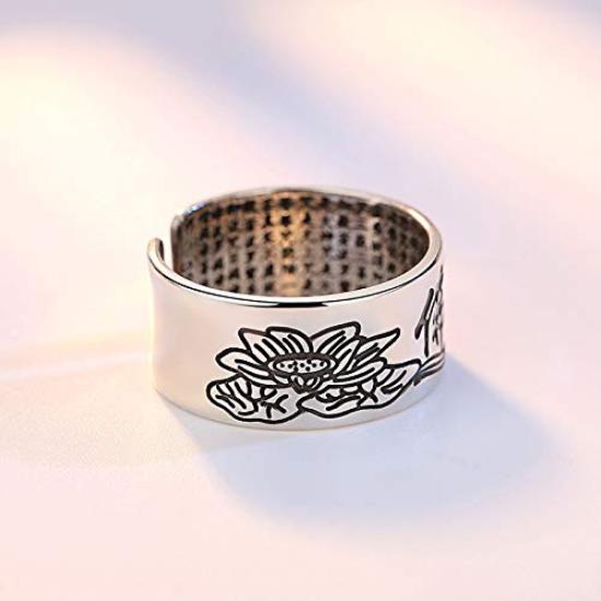 Rockyu One Size Fits All Silver Pure Silver Buddhist Lotus Ring with Heart Sutra 10mm Lotus Flower Buddhist Amulet Good Luck Antique Style Men's Ring,