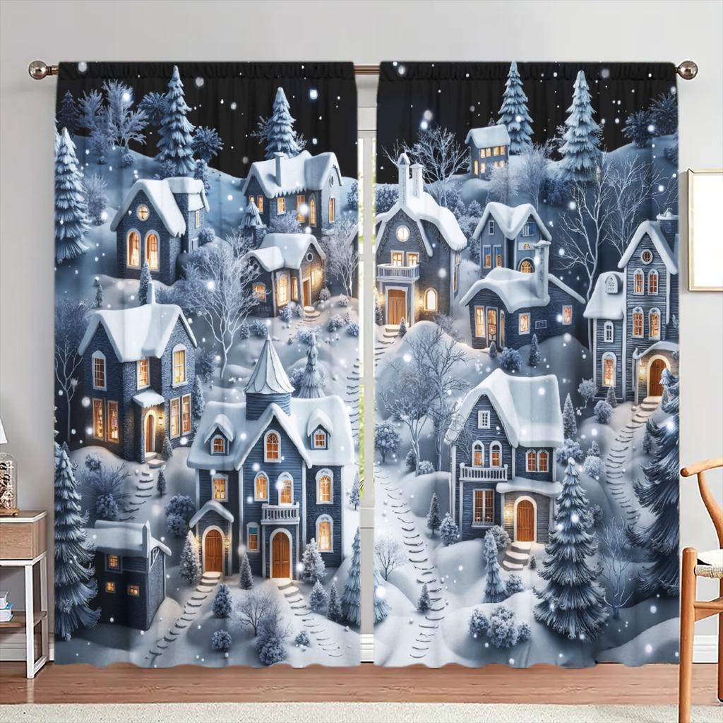 2 szt. Świąteczna Scena Nocna Wioski Lodu i Śniegu Drukowana Zasłona do Dekoracji Domu - Kieszeń na Karnisz Obróbka Okna do Sypialni