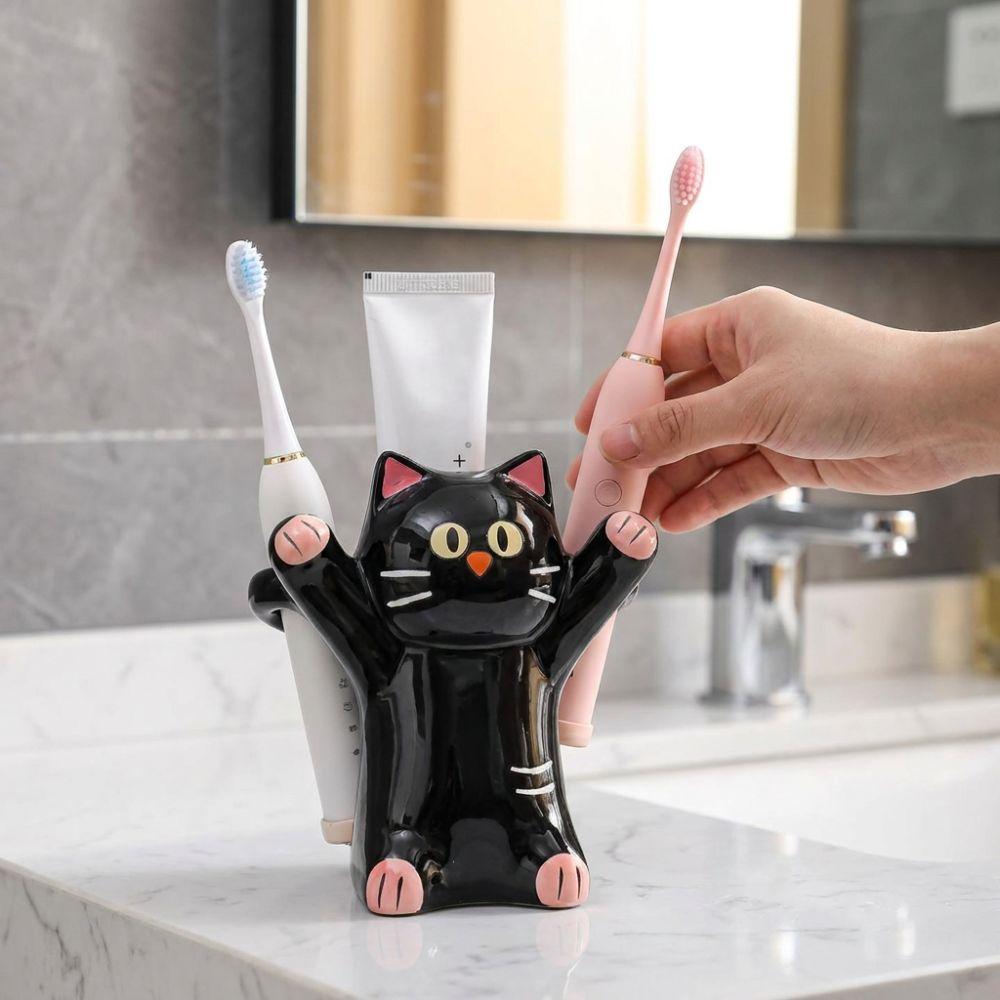 Cartoon Animal Cat Toothbrush Holder Anti-Slip Base Toothpaste Storage Shelf Bathroom Organizer