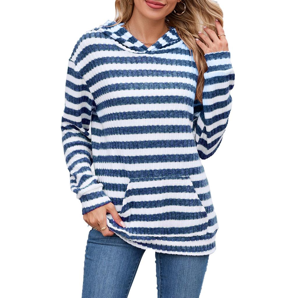Women's Fashionable Casual Striped Hooded Pocket Loose Long Sleeved Pullover Top
