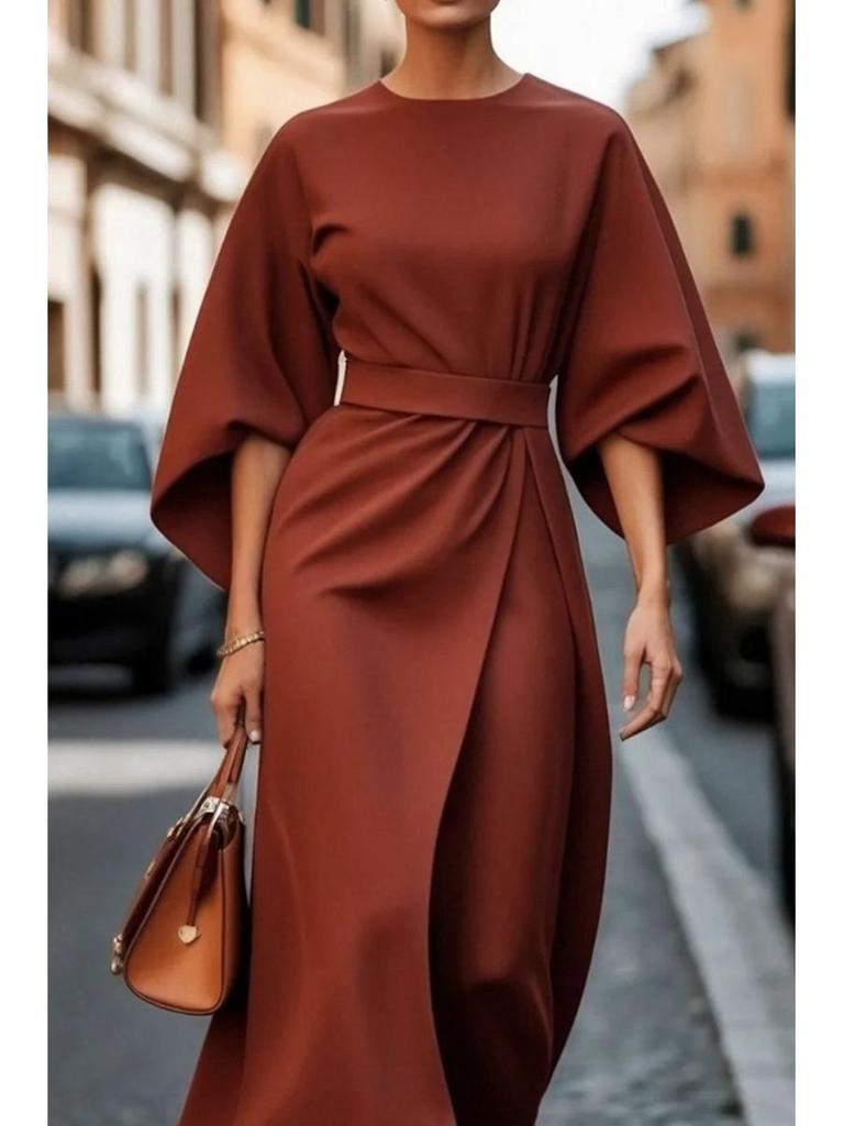 Damen 2026 Elegantes einfarbiges Taillengürtel Fledermausärmel Langes Kleid für Freizeit und formelle Anlässe