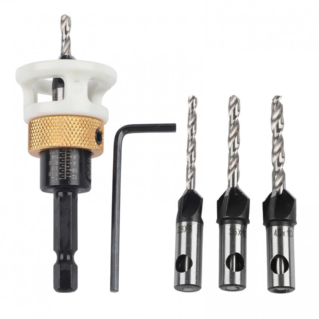 Set Of 4 Adjustable Countersink Drill Bits With Depth Stop For Woodwork