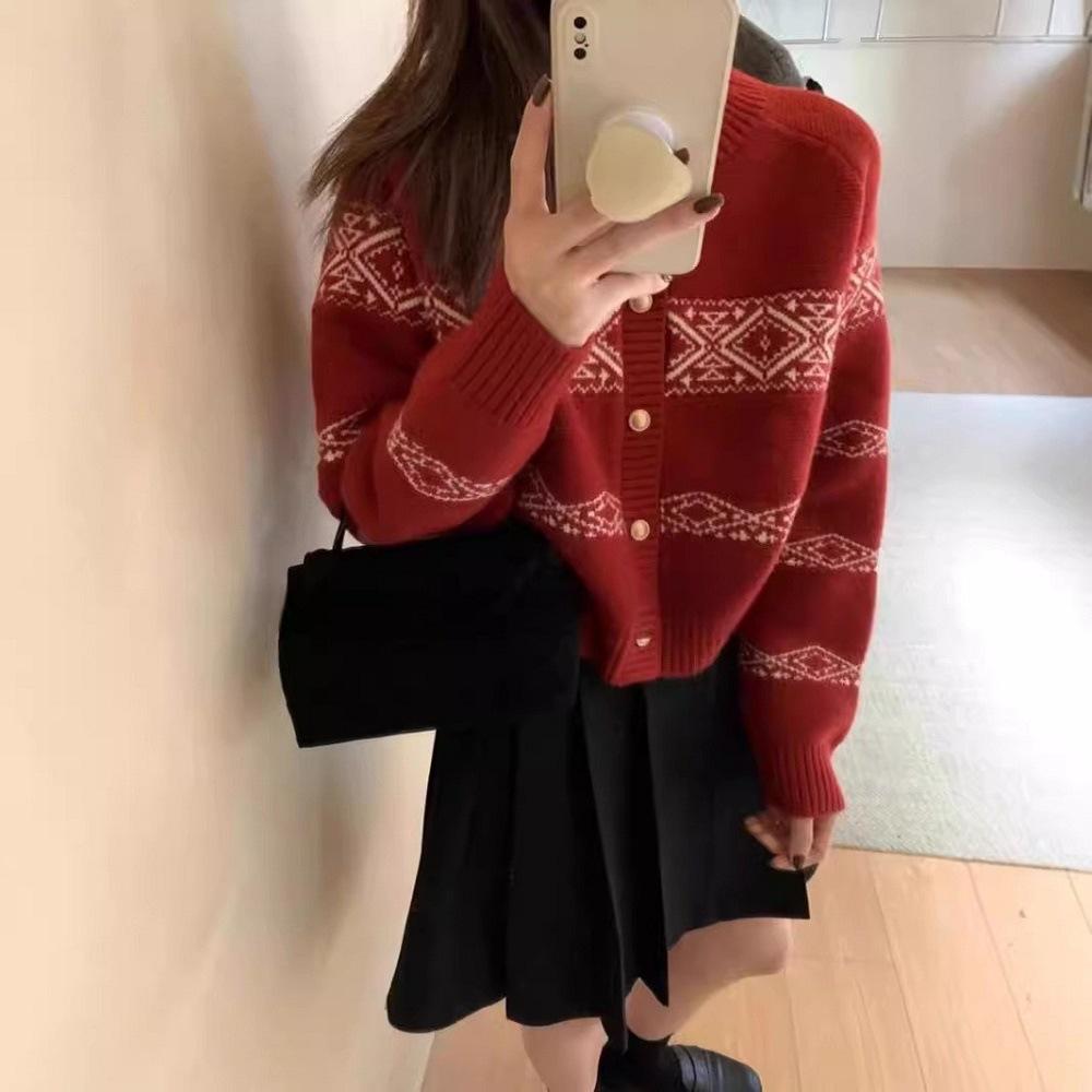 Autumn and winter atmosphere jacquard knitted jacket French gentle and versatile fashion rhombus crew neck long-sleeved sweater