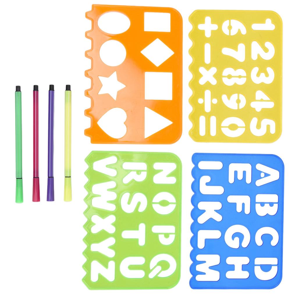 Drawing Stencil Kit Children Number Letter Shape Drawing Template Ruler Pen White Paper Set