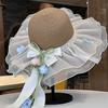 Summer Straw Hat For Women With Lace Bow Sun Protection Beach Vacation