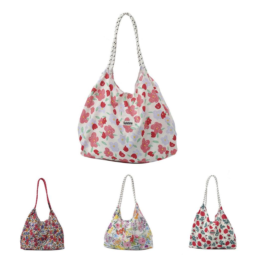 Floral Canvas Tote Bag Large Capacity Casual Shopper For Daily Use