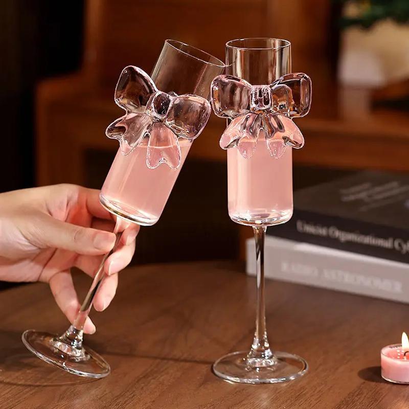 Creative Pink Bow Champagne Tall Wine Glasses Sparkling Wine Glasses For Family Party Holiday And Wedding