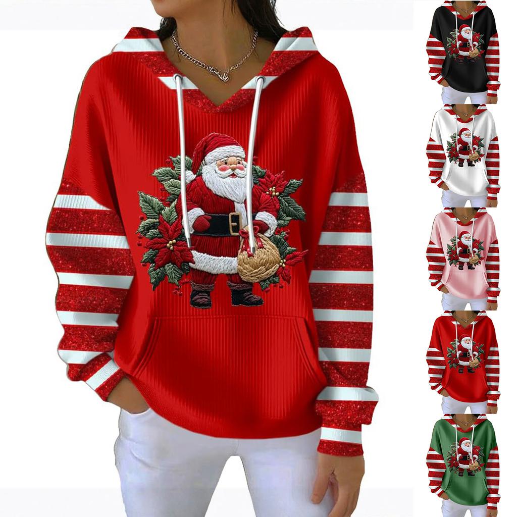 Women's Loose And Comfortable Drawstring V-neck Long Sleeved Christmas Print Hoodie