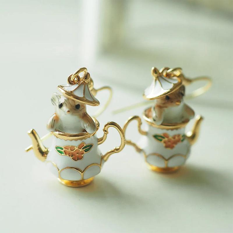 Funny Enamel Cartoon Chipmunk French Teapot Earrings For Women Accessories Style Jewelry Woman Charm